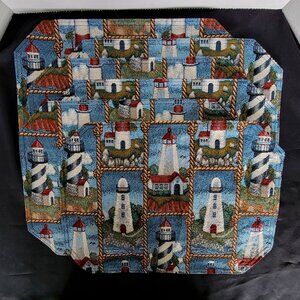 6 Tapestry Lighthouse Nautical Placemats Ocean Beach Theme Excellent
